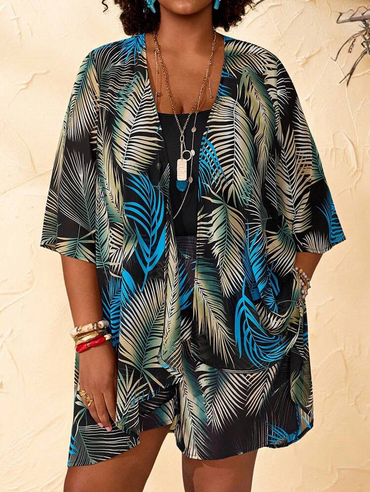2pc Set Plus Size Women's Summer Casual Vacation Tropical Leaf Print  Floral Print Kimono Jacket And Shorts 2 Pieces Set With Pocket, Spring/Summer/ Vacation,Summer Holiday,Spring Break Outfits ,Vacation Outfits Women ,Holiday Outfits For Women,Going Out Outfits,2026 New Clothes,Simple And Fashionable For Everyday Wear,Short Set, Plus Size 2 Piece Sets,Suitable For Summer, Vacation, Commute, Daily Wear,Plus Size Summer Sets