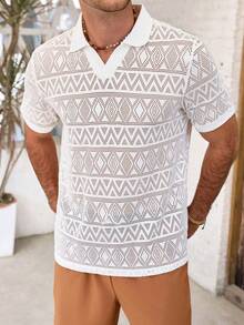 VENTUSAIL 男士短袖纹理面料 Polo 衫，适合外出、聚会和度假；男士蕾丝网眼衬衫；白色蕾丝男士衬衫；开襟针织衬衫；男士夏季上衣；男士钩针衬衫；复古风格，适合日常休闲、周末旅行、户外活动、探险旅行、轻松的工作环境或半正式场合；男友/丈夫礼物；周年纪念/生日礼物；派对；夏季假期；婚礼；春夏男士邮轮套装；游艇套装；男士沙滩套装 - 白色 - 查看 4