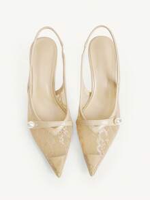 CUCCOO CHICEST Women Shoes Pointed Stiletto Apricot Lace Mesh Pearl Sexy Fashion Elegant With Skirt Daily Versatile Banquet Party Ladies High Heel Shoes Slingback Slingback Shoes Wedding Shoes Summer Shoes Bride Shoes - Apricot - View 3