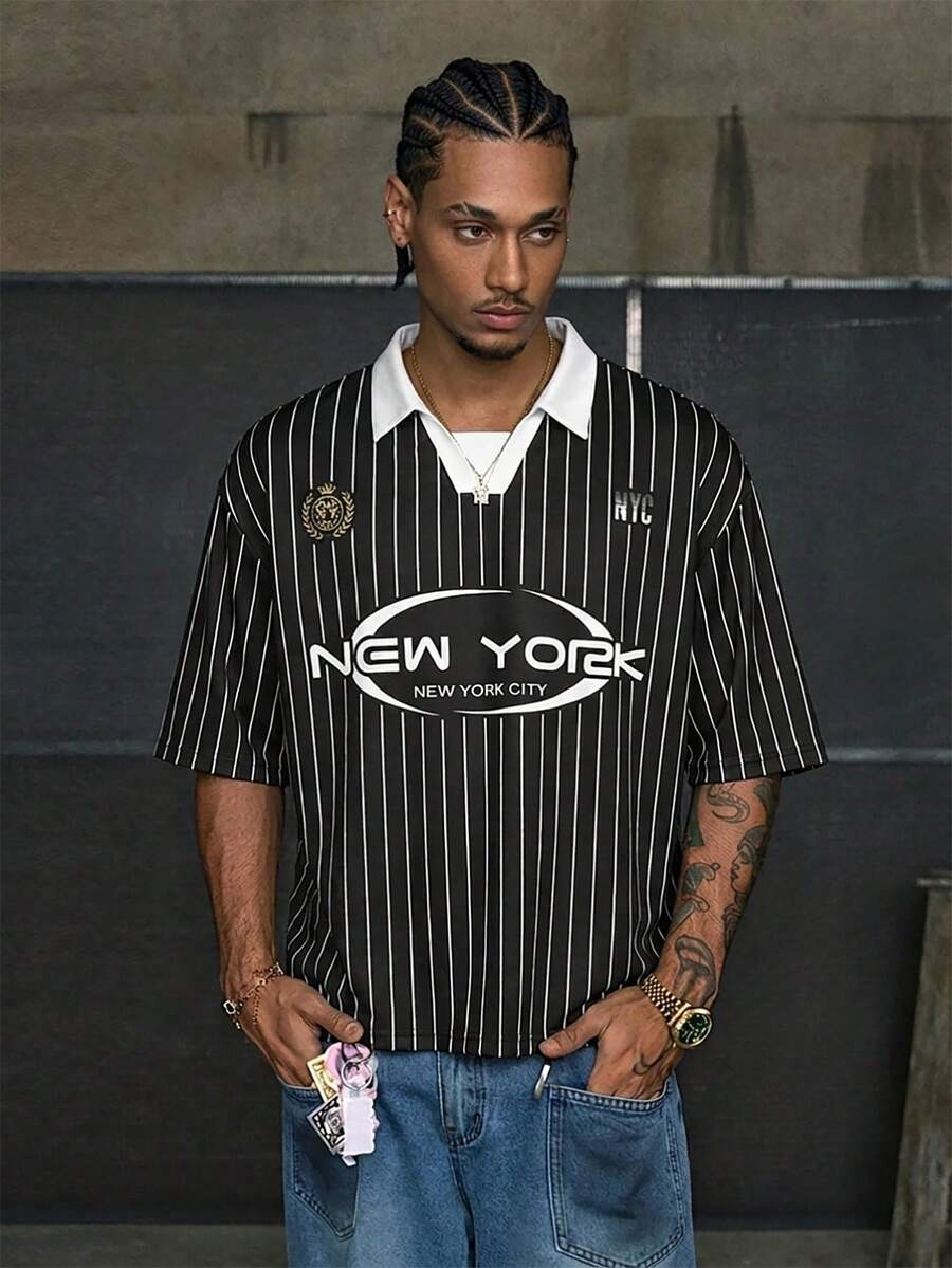 Áo Polo nam tay ngắn AXEPEAK kiểu dáng thường ngày, thời trang, kẻ sọc và in chữ.