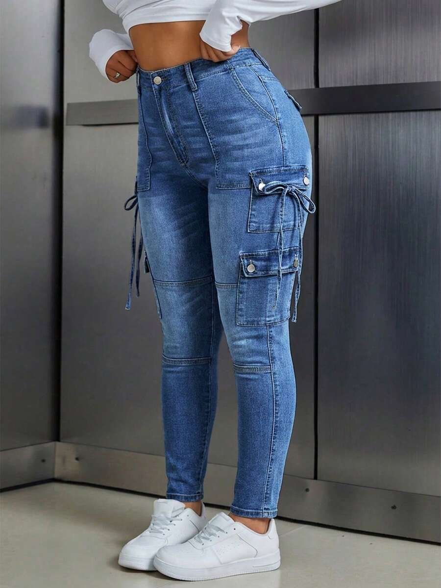 SHEIN ICON Plus Size Solid Color Slant Pocket High Waist Skinny Fashion Cargo Jeans - Blue - View 1