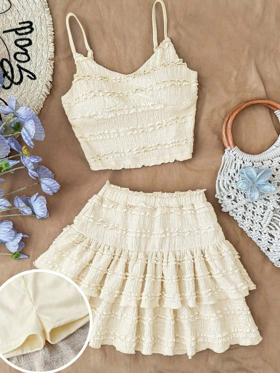 Kids Tween Girls Cream White Summer Holiday Outfits Knit Jacquard Textured Camisole Top,Ruffle Hem A-Line Skirt Shorts 2-Piece Tropical Vacation Set - Apricot - View 1