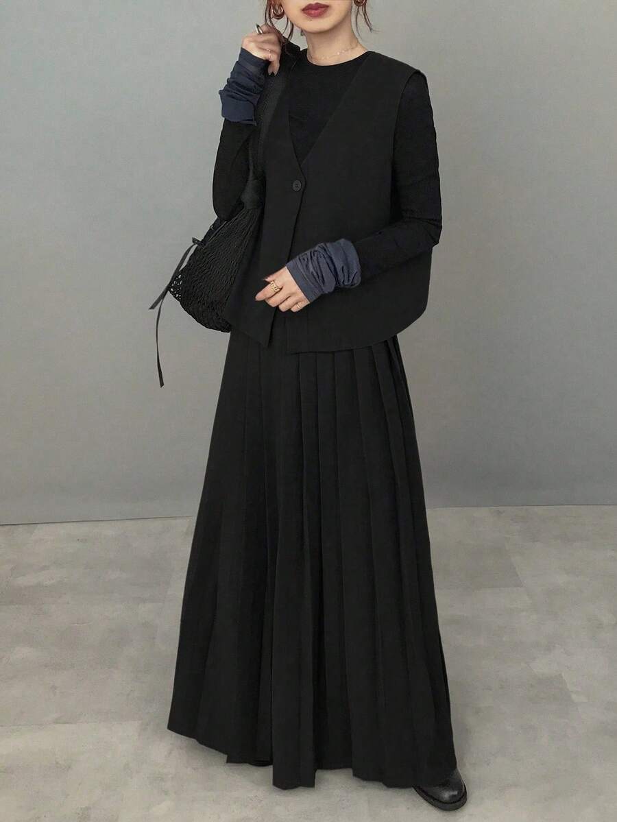 FRIFUL 女式深灰色纯色无袖上衣和百褶裙两件套，秋季 - 黑色 - 查看 1