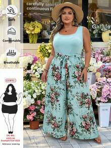 SHEIN CURVE+ Bộ jumpsuit thời trang tối giản dành cho người có vóc dáng ngoại cỡ, thích hợp mặc hàng ngày, phong cách boho hoặc đi nghỉ mát. - Màu xanh nhạt - Xem 2