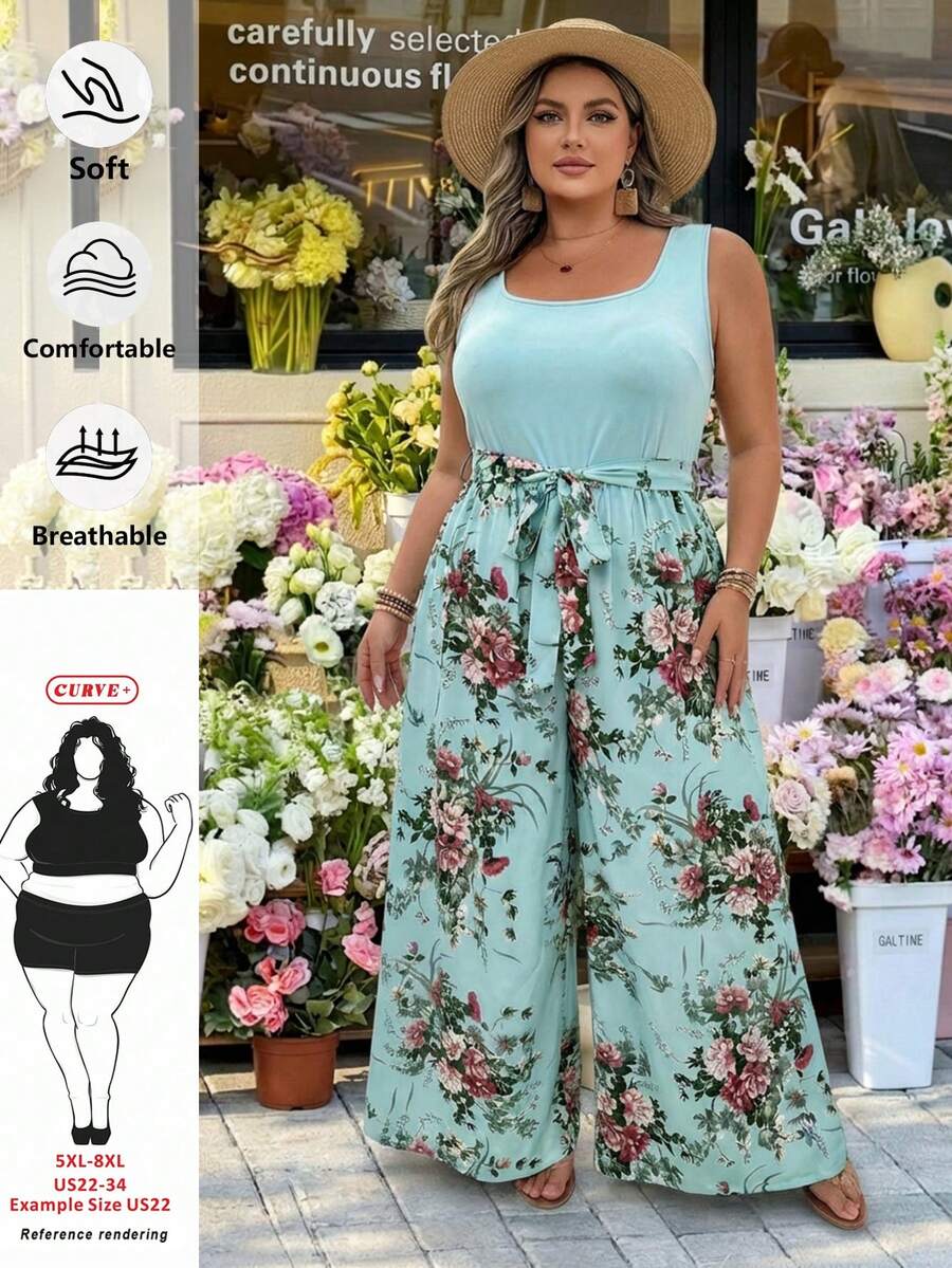SHEIN CURVE+ Bộ jumpsuit thời trang tối giản dành cho người có vóc dáng ngoại cỡ, thích hợp mặc hàng ngày, phong cách boho hoặc đi nghỉ mát.