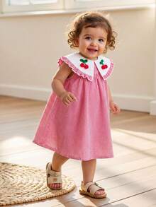 Cozy Pixies 女婴草莓图案撞色领无袖腰身连衣裙 - 紅色 - 查看 1