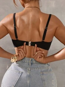 Swim DD+ Women Solid Color Spaghetti Strap Adjustable Back Clasp Front V-Neck Camisole - Black - View 2