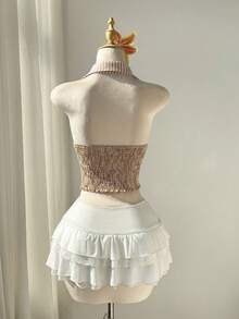 Elamini Blusa de playa sexy y dulce para vacaciones con diseño de botones, cuello en V profundo, espalda descubierta, corte lateral con volantes y ajuste ceñido en color rosa a rayas - Albaricoque - Ver 2