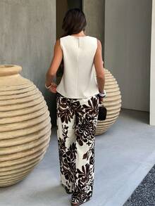 Louniche 女士无袖短款纽扣上衣，宽松印花长裤套装，休闲日常穿搭，度假套装，春夏款 - 杏色 - 查看 2