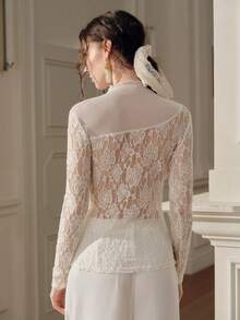 Anewsta Women's Elegant Romantic Floral Lace Splice High Neck Long Sleeve Slim Fit Blouse, White T-Shirt, Suitable For Dating, Evening Parties And Parties - Apricot - View 2