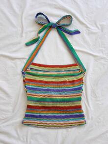 Soleia Women's Vacation Halter Tie-Up Striped Fitted Camisole, Suitable For Holiday, Date, Afternoon Tea, Music Festival, Bohemian Style - Multicolor - View 2