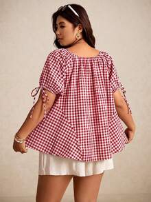 Elaquor Chemise à manches courtes imprimée à carreaux pour femmes grandes tailles, style décontracté - Blanc - Voir 2