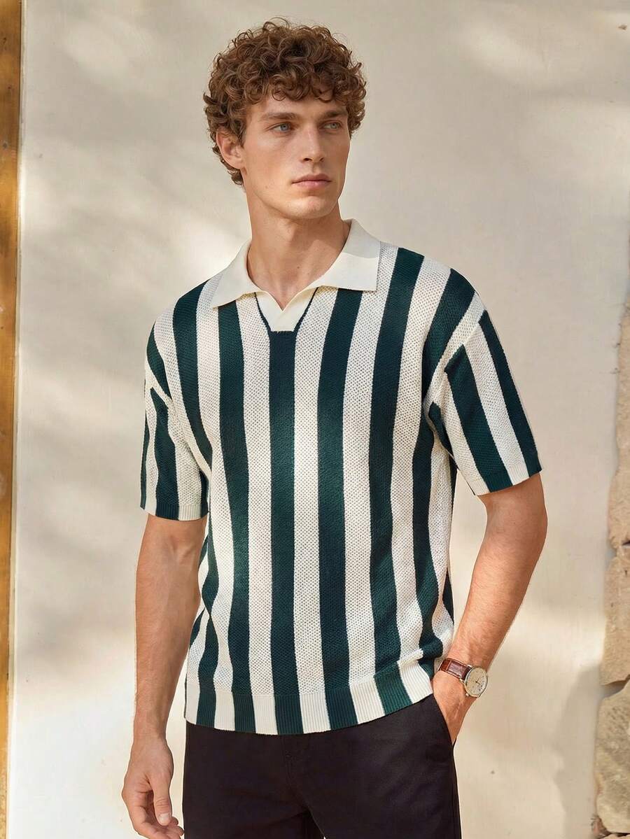 Manfinity CityGents 男士半拉链短袖条纹休闲舒适针织上衣 - 綠色 - 查看 1