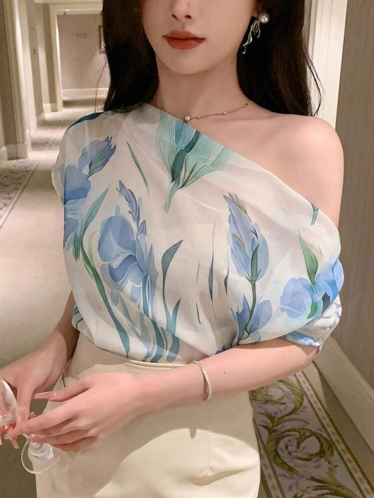 Women's Floral Print Asymmetric Shoulder Loose Blouse Boho