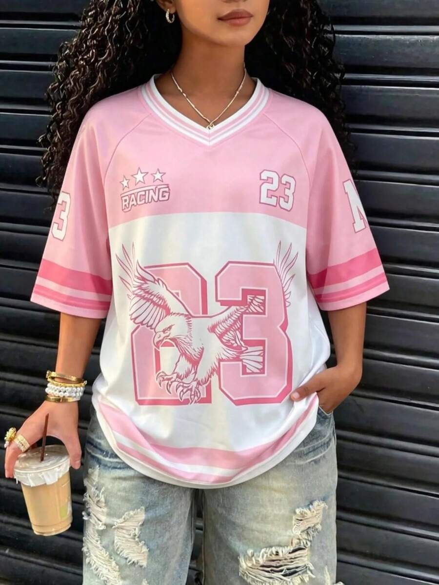 SHEIN Girls' Pink Sports Jersey Short Sleeve T-Shirt - Multicolor - View 1