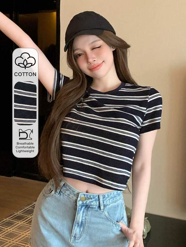 DAZY Femmes T-shirt à manches courtes pour le travail de bureau décontracté, avec blocs de couleurs contrastées, rayures et carreaux. Convient pour le printemps et l'été