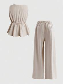 Sweetra 女士条纹印花无袖翻领刺绣衬衫+松紧腰休闲短裤两件套，春夏款 - 卡其色 - 查看 2