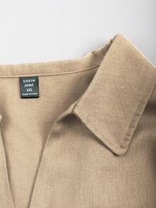 Franclia Plus Size 35+ Women's Linen-Like Crinkle Fabric Collared V-Neck Button-Front Utility Pocket Drawstring Waist A-Line Relaxed Casual Elegant Casual Blouse, Long Sleeve, Suitable For Autumn, Vacation, Office, Commute Trench Coat Women Blouse For Women Casual Modern S3433 Of Woman Clothes Professional Clothes Women Sets Clothes For Ladies Women Clothes Blouses For Women Casual Ladies Clothes Blouses For Women Khaki Green - Apricot - View 3