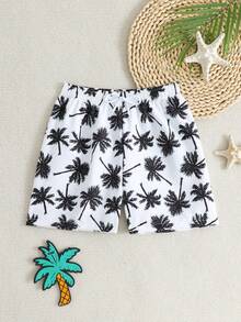 SHEIN Quần bơi trẻ em trai mùa hè, in hình cây dừa, cạp chun, có dây rút. - Đen và trắng - Xem 3