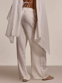 MUSERA Foldover Buckle Front Detail Low Waisted Pleated Wide Leg Trousers Cute Summer Spring Sexy Going Out Beach Holiday Vacation Honey Tides - White - View 4