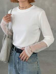 Women's Patchwork Leopard Print Crew Neck Long Sleeve Casual Loose Versatile T-Shirt, Autumn/Winter - White - View 6