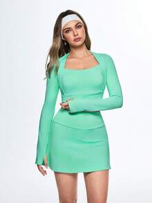 SHEIN Sovereign Charm 纯色露脐上衣和迷你裙/短裤运动套装 - 綠色 - 查看 3