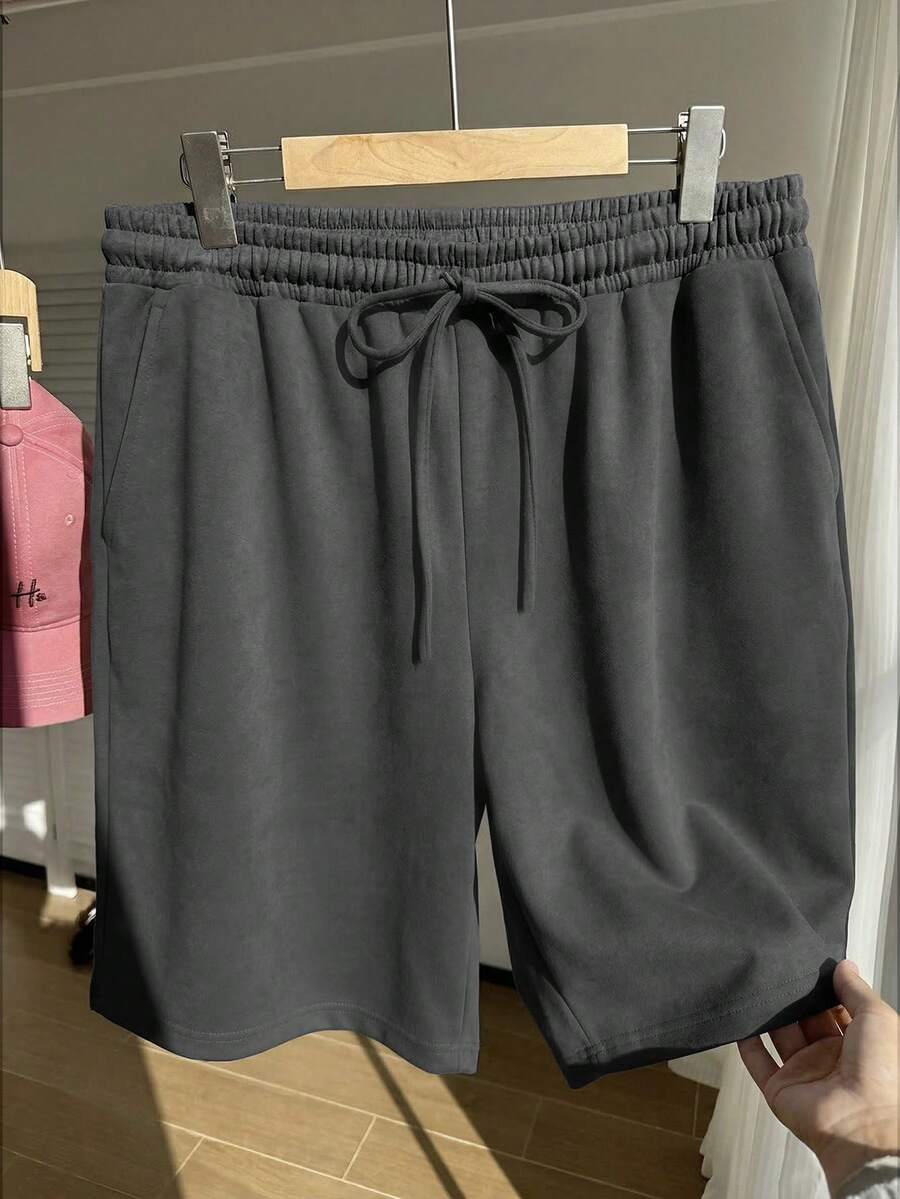 Comfortcana Deep Grey Plus Size Elastic Waist Drawstring Casual Summer Versatile Shorts - Dark Grey - View 1