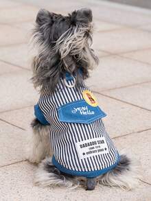 PETSIN 趣味拼布衬衫、狗狗衣服、猫咪衣服、动物连衣裙、春季狗狗衬衫、英伦风狗狗衣服、欧美新款小型动物两足服装 - 深藍色 - 查看 3