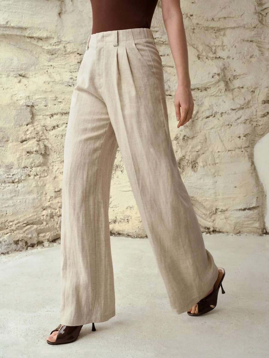 MOTF PREMIUM 亚麻阔腿裤，时尚百搭，适合日常都市穿着，春夏款 - 杏色 - 查看 1