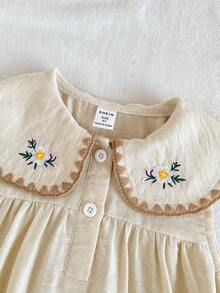 SHEIN Vintaside Kids Đầm mùa hè dáng suông thêu hoa, cổ rộng, thoải mái cho bé gái. - Màu Khaki - Xem 5