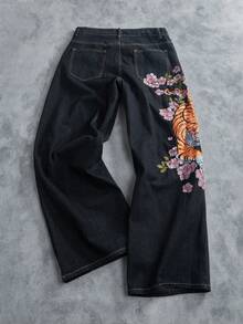 Manfinity ZONE917 复古街头风宽松直筒牛仔裤，饰有个性化刺绣樱花和老虎图案 - 黑色 - 查看 3