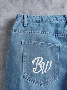 Manfinity ZONE917 男士休闲时尚街头卡通字母印花宽松阔腿牛仔裤，不含腰带 - 淺色水洗藍 - 查看 3