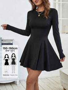 SHEIN PETITE Solid Flare Hem Dress,Summer Dresses For Women - Black - View 8