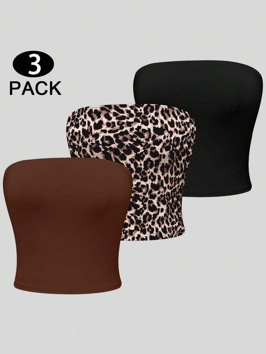 Olithes Conjunto de 3 piezas de top tubo con estampado de leopardo y unicolor negro y marrón, estilo Y2K - Multicolor - Ver 1