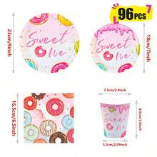 Sweet Donut Disposable Plates, Napkins And Paper Cups Party Set, Serves 24 Guests. This Disposable Paper Party Tableware Is Suitable For Birthdays, Weddings, Themed Parties And Family Picnics. - View 6