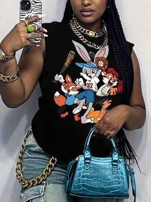 Maweii 夏季大码休闲卡通印花背心 - 黑色 - 查看 3