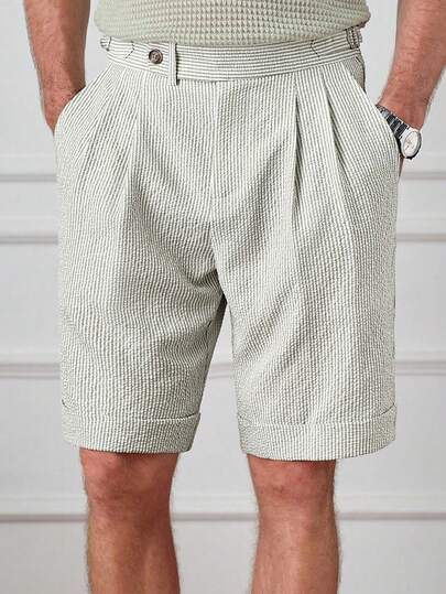 Core Aspect Men's Mid-Rise Light Green Textured Fine Plaid Casual Shorts