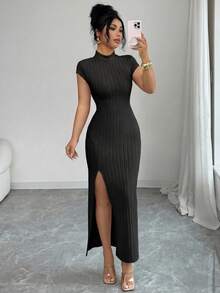 Elenzga Đầm dài nữ thanh lịch, thoải mái, thích hợp cho công sở, với cổ đứng, tay raglan, chất liệu gân, đường may eo, xẻ tà bên. - màu đen - Xem 3