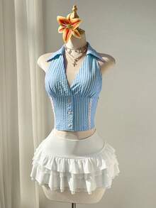 Flirla Women's Pink Striped Deep V-Neck Backless Side Splice Frill Trim Button Design Fitted Sexy Sweet Beach Vacation Blouse - Blue - View 5