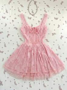 Elamini 女士甜美可爱休闲时尚日常百搭无袖蕾丝拼接收腰镂空迷你连衣裙，春夏款 - 粉色 - 查看 1