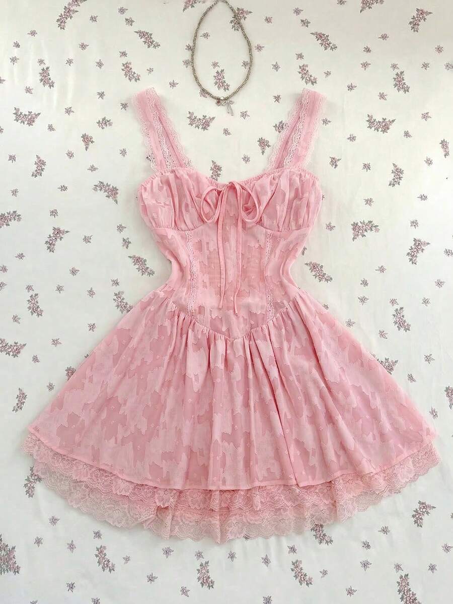 Elamini 女士甜美可爱休闲时尚日常百搭无袖蕾丝拼接收腰镂空迷你连衣裙，春夏款 - 粉色 - 查看 1