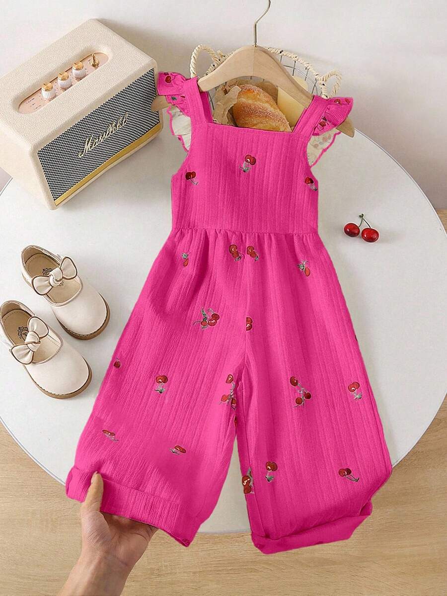 Genkimix Kids 1pc Vintage Casual Fitted Unique Cherry Print Jumpsuit, Suitable For Outdoor Summer And School - Hot Pink - View 1