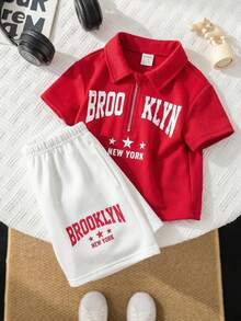 SHEIN Set de 2 piezas de camisa polo casual y cómoda con cuello y cremallera, manga corta, y pantalones cortos blancos para bebé niño, adecuado para interior, exterior, diario, deportes, juego, fiesta, sesión de fotos, vacaciones - Multicolor - Ver 6