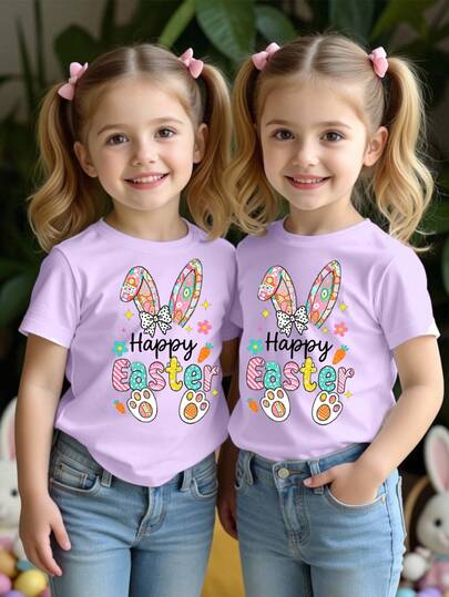 Girls' Casual Cute Colorful Rabbit Ear, Polka Dot, Bow, Star, Flower, Carrot, Egg Print Short Sleeve T-Shirt, Comfortable Spring/Summer Outfit, Suitable For Easter Holiday Atmosphere