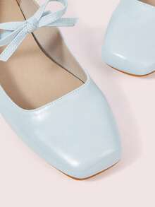 CUCCOO DOLLMOD Women's Light Blue Square Toe Bow Mary Jane Ankle Strap Flats Cute Commute Preppy Style Leather Buckle Shoes - Baby Blue - View 5