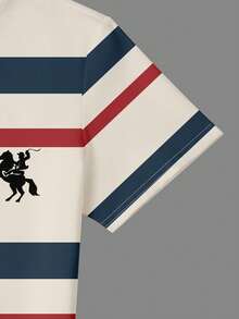 Manfinity Hypemode Men's Summer Casual Navy Blue 2 Piece Outfit,Diagonal Stripe Horse Logo T-Shirt And Shorts Set,City Break Preppy Old Money Style Vacation Co Ord Set - Multicolor - View 4