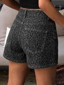 DAZY Quần short denim nữ họa tiết da báo dáng rộng, thoải mái, kiểu dáng mới mùa hè. - Xám - Xem 3