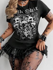 Whyspr Dark Punk Style Grommet Graphic Fitted Women T-Shirt - Black - View 4