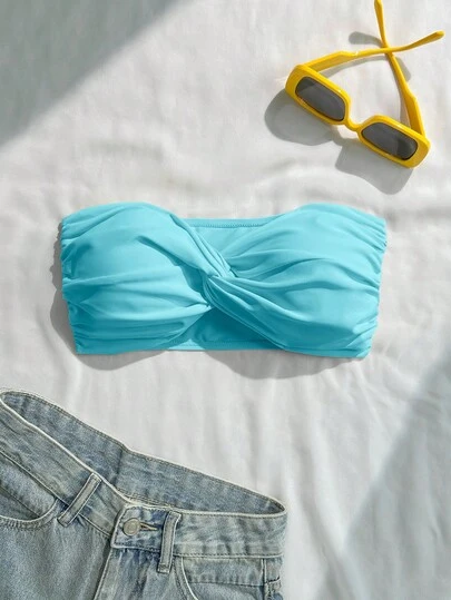 Swim Basics Solid Color Twist Front Bandeau Swimsuit Top