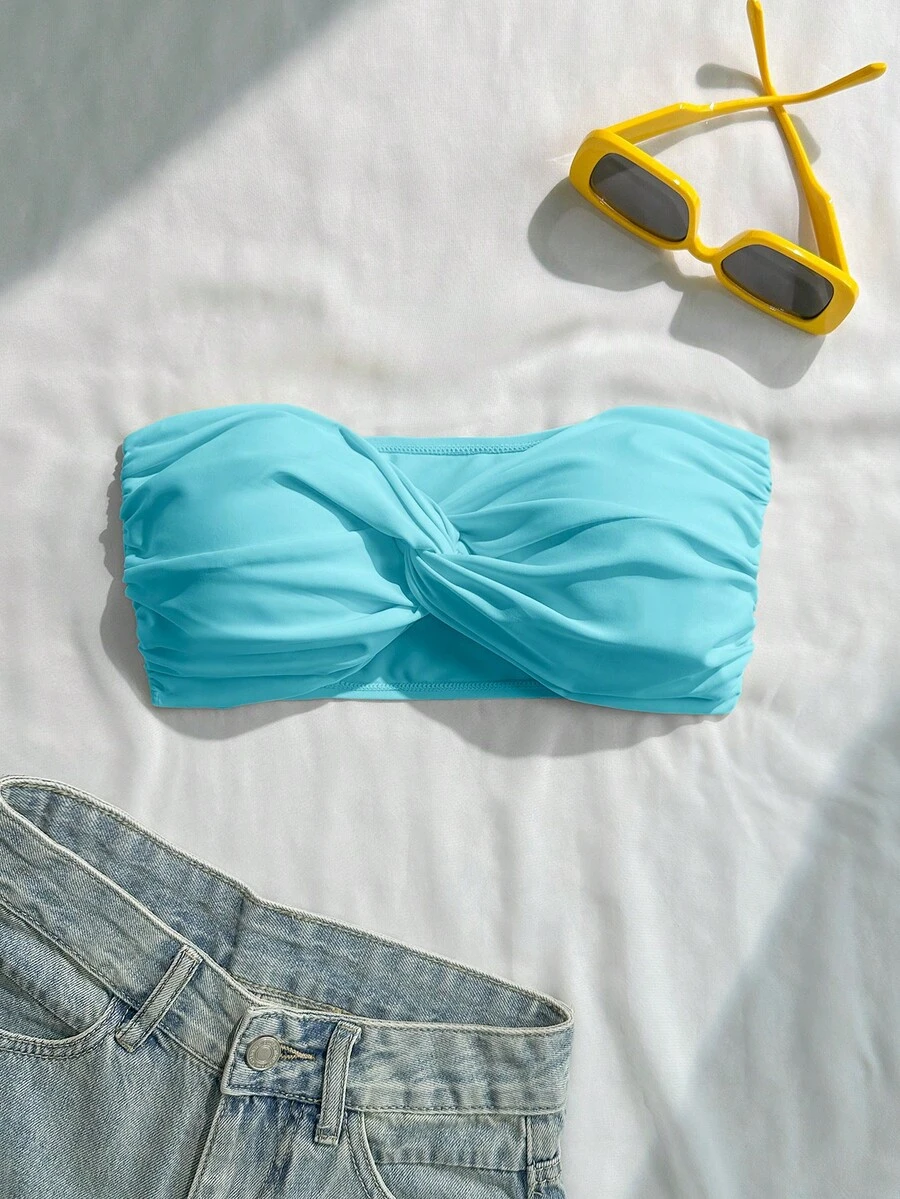 Swim Basics Solid Color Twist Front Bandeau Swimwear Top - Baby Blue - View 1
